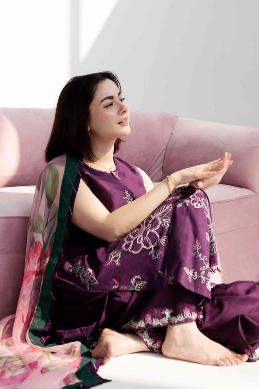 COCO by Zara Shahjahan Purple Embroidered Unstitched Dhanak 3 Piece Suit with Wool Shawl – image 1 of 5