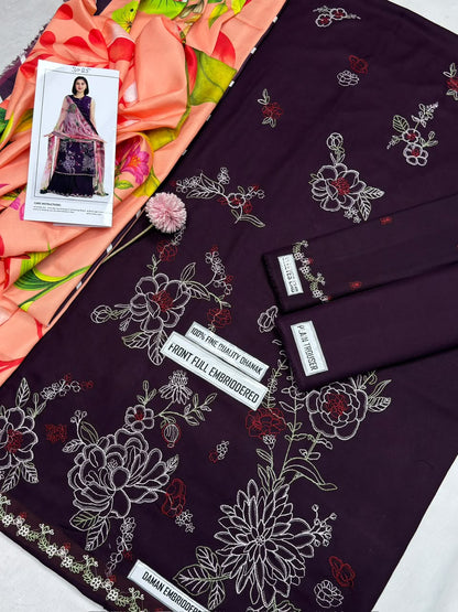 COCO by Zara Shahjahan Purple Embroidered Unstitched Dhanak 3 Piece Suit with Wool Shawl – image 4 of 5