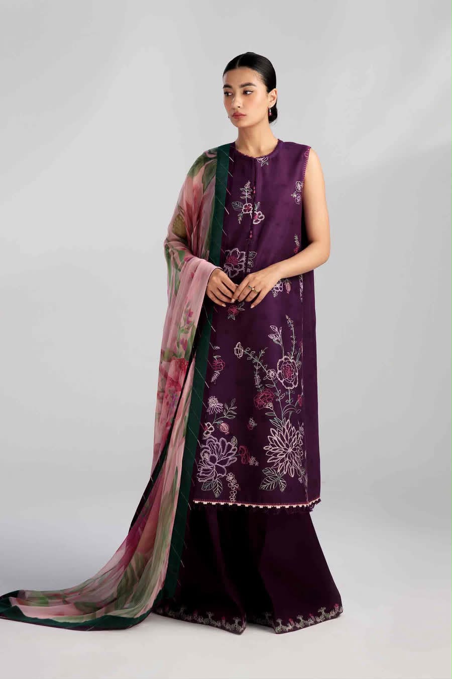 COCO by Zara Shahjahan Purple Embroidered Unstitched Dhanak 3 Piece Suit with Wool Shawl – image 2 of 5