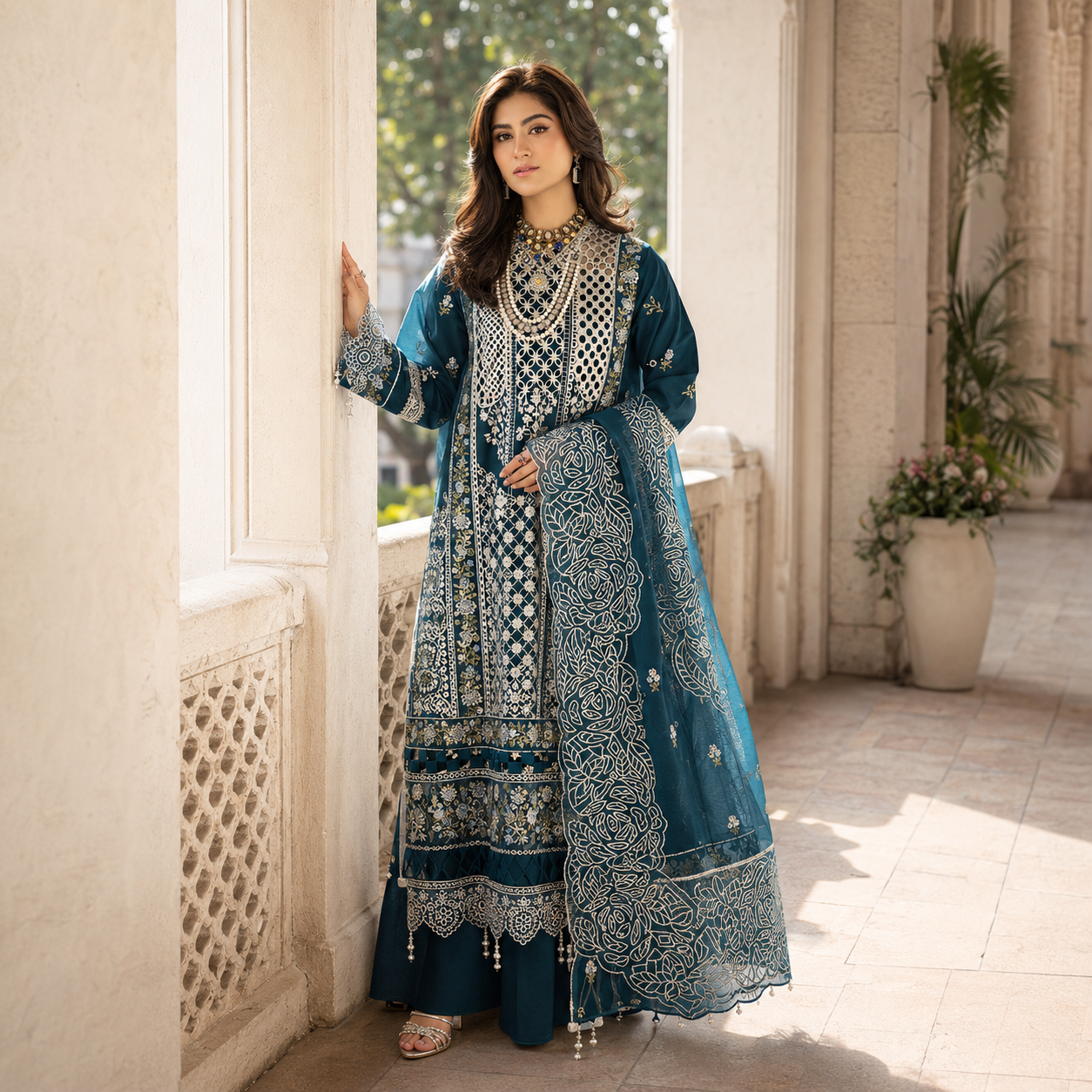 Teal Heavy Embroidered 3 Piece Chikankari Suit – image 1 of 3