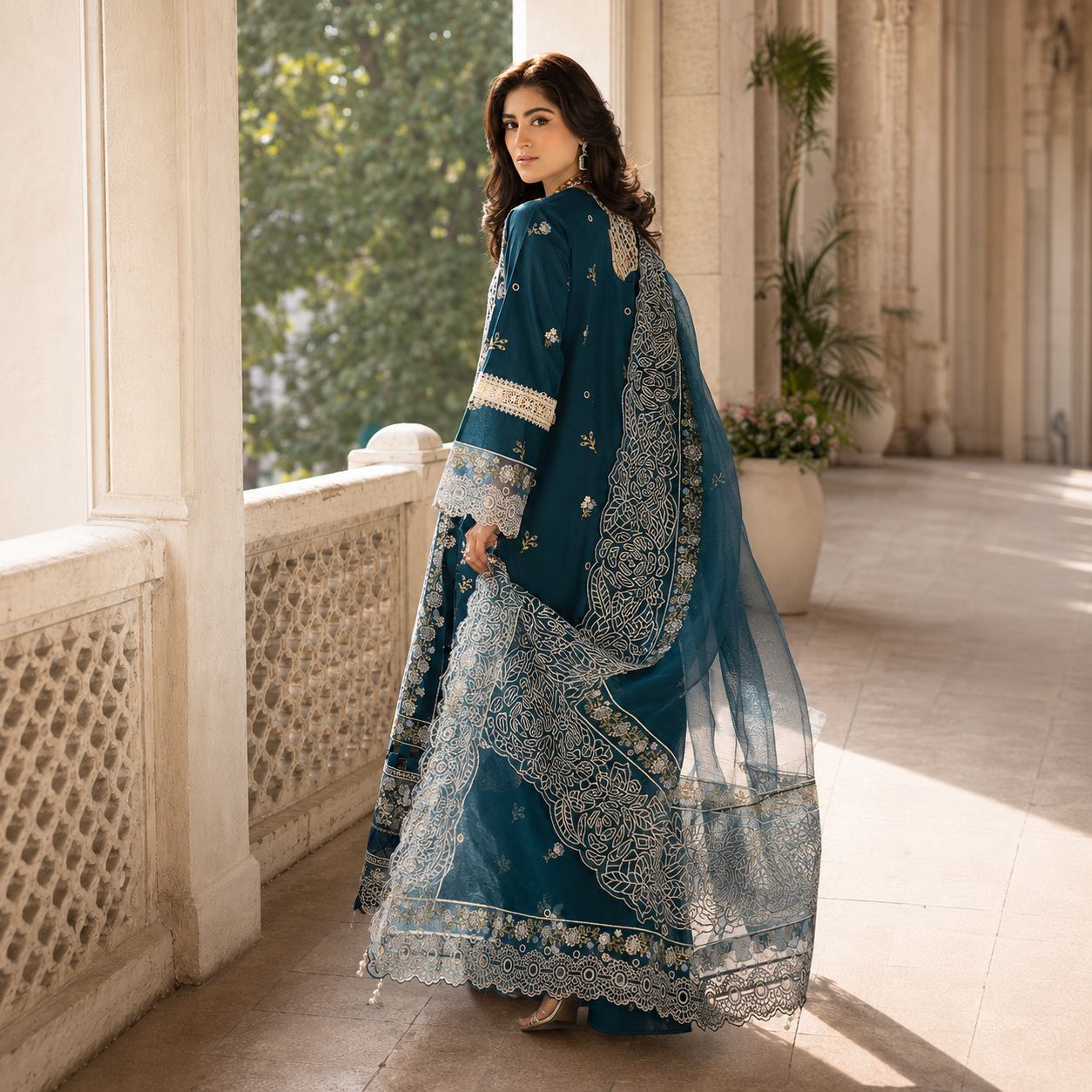 Teal Heavy Embroidered 3 Piece Chikankari Suit – image 2 of 3