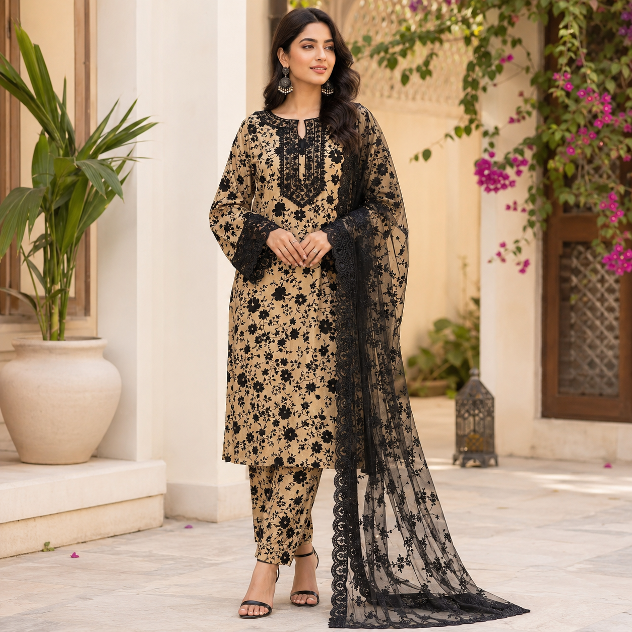 Cream Black Floral Digital Print 3 Piece Lawn Suit – Inspired by Aneela's – image 1 of 3