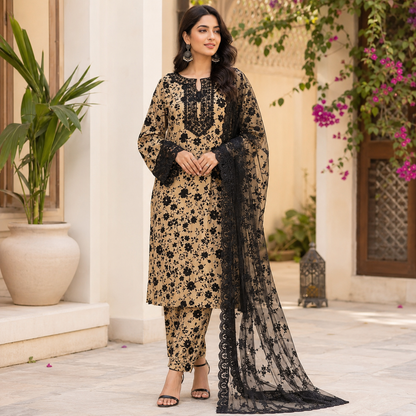 Cream Black Floral Digital Print 3 Piece Lawn Suit – Inspired by Aneela's – image 1 of 3