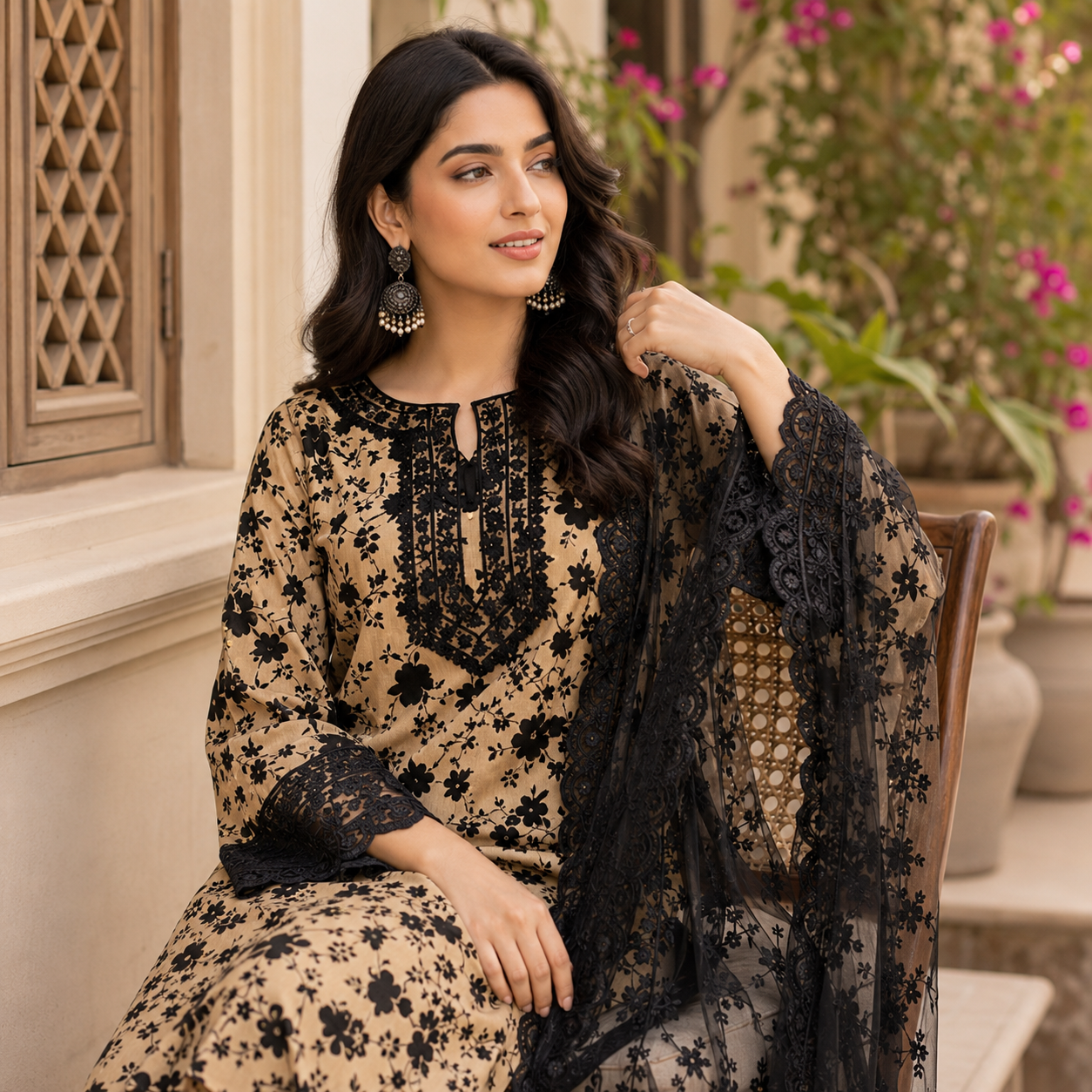 Cream Black Floral Digital Print 3 Piece Lawn Suit – Inspired by Aneela's – image 2 of 3