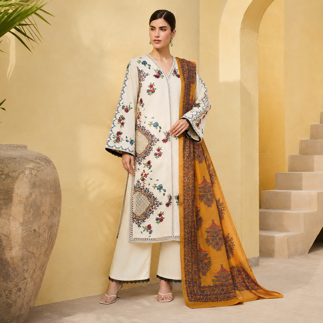 Cream Floral Embroidered 3 Piece Lawn Suit – Inspired by Hussain Rehar – image 1 of 3