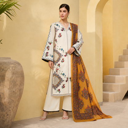 Cream Floral Embroidered 3 Piece Lawn Suit – Inspired by Hussain Rehar – image 1 of 3
