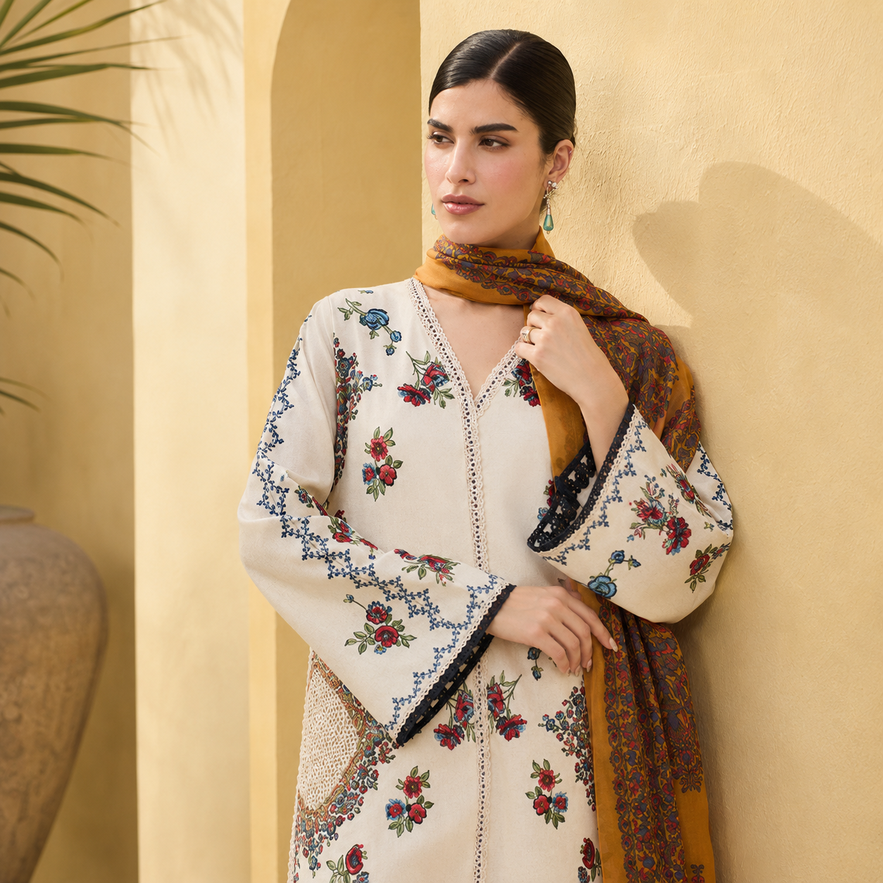 Cream Floral Embroidered 3 Piece Lawn Suit – Inspired by Hussain Rehar – image 2 of 3