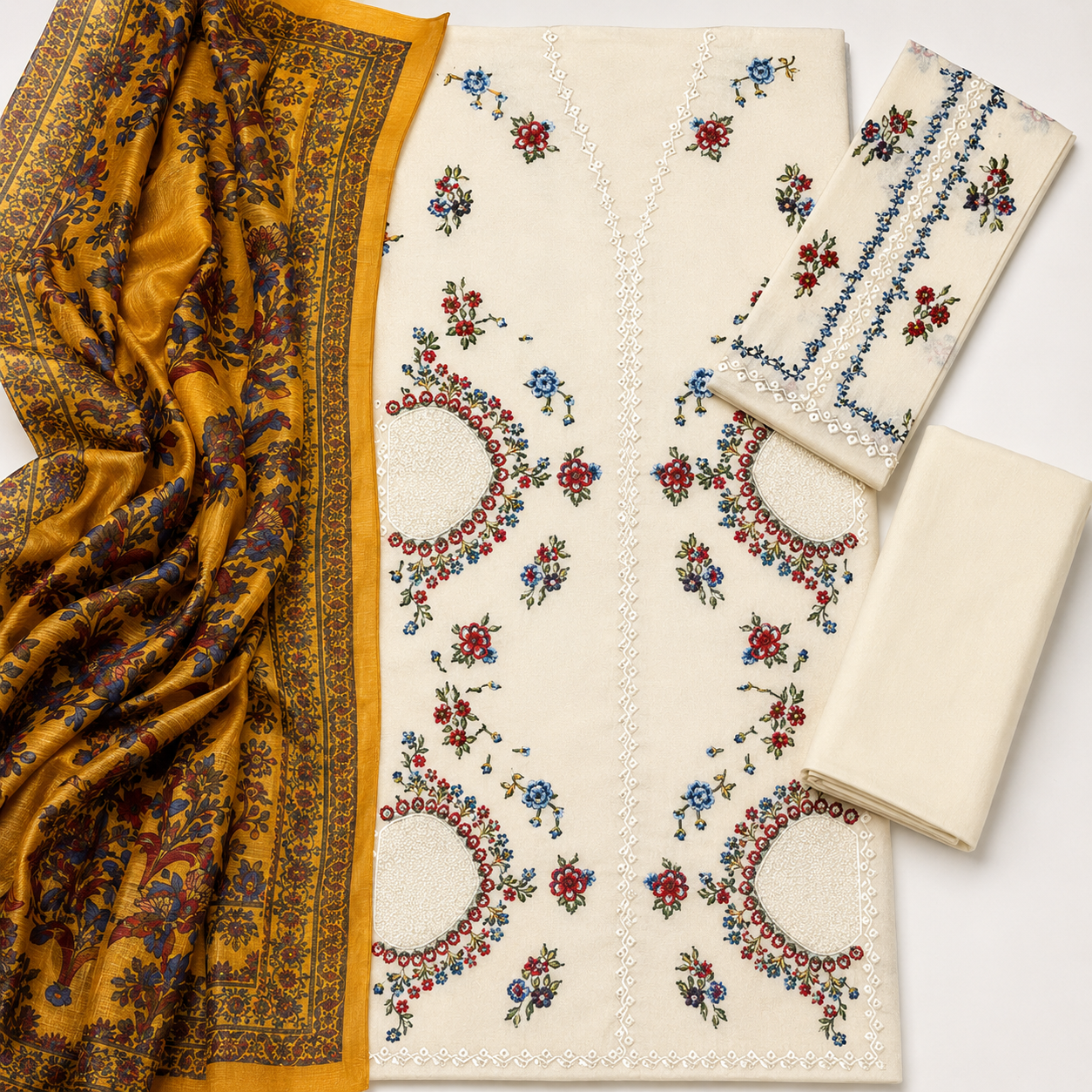 Cream Floral Embroidered 3 Piece Lawn Suit – Inspired by Hussain Rehar – image 3 of 3