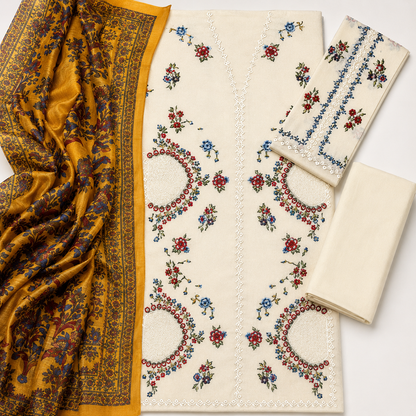 Cream Floral Embroidered 3 Piece Lawn Suit – Inspired by Hussain Rehar – image 3 of 3