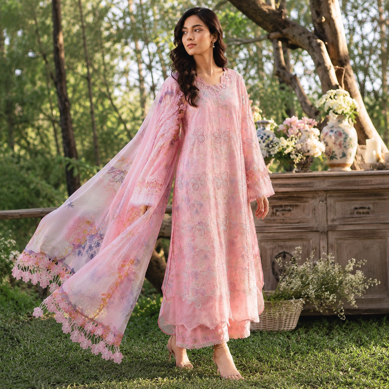 Butterfly Embroidered 3 Piece Unstitched Lawn Chikankari Suit – Pink – image 2 of 3