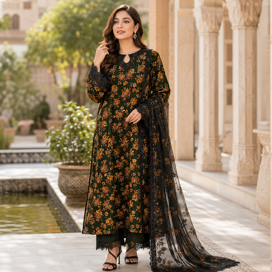 Dark Green Floral Digital Print 3 Piece Lawn Suit – Inspired by Aneela's – image 1 of 3