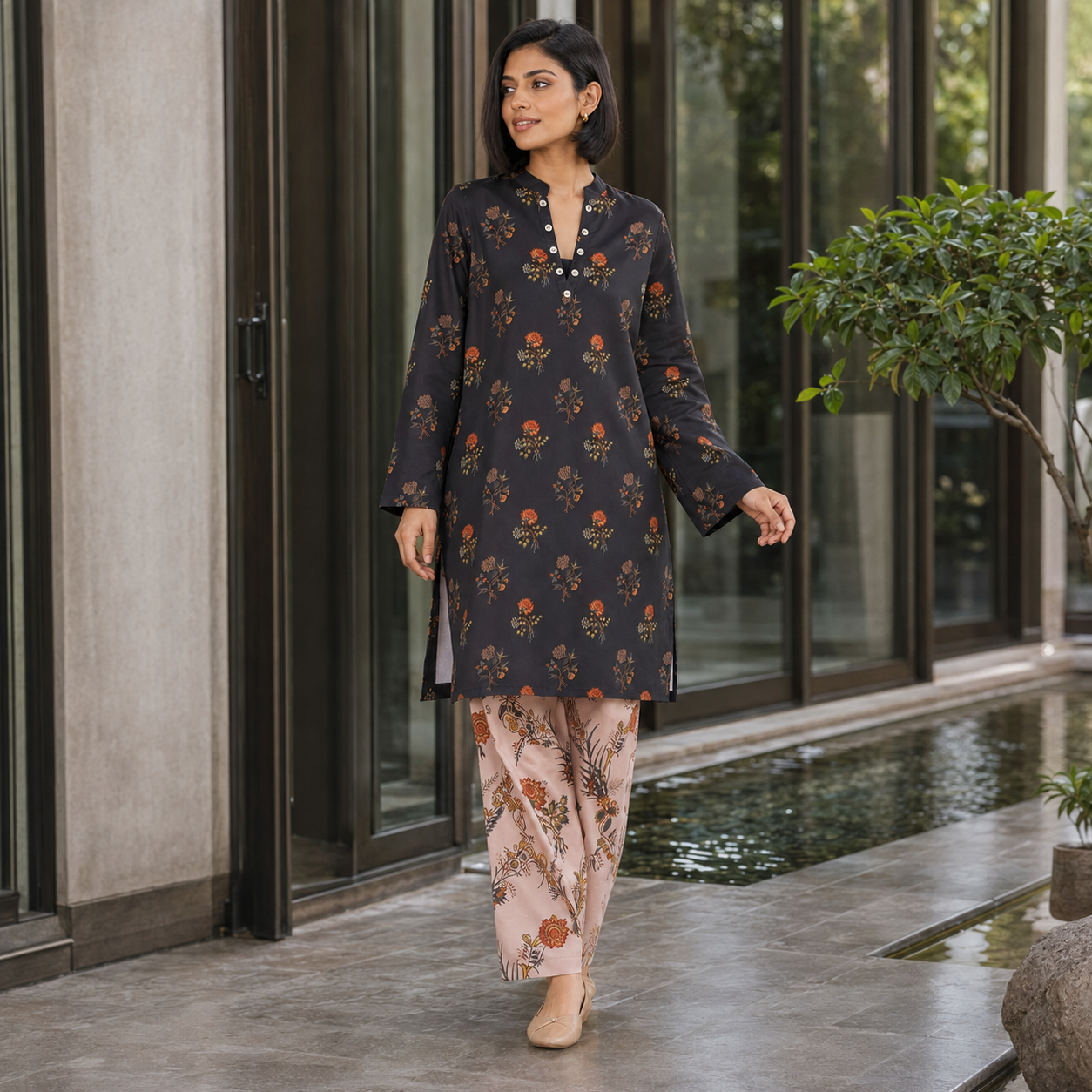 Dark Navy Peach Printed 2 Piece Co-ord Set – image 1 of 4