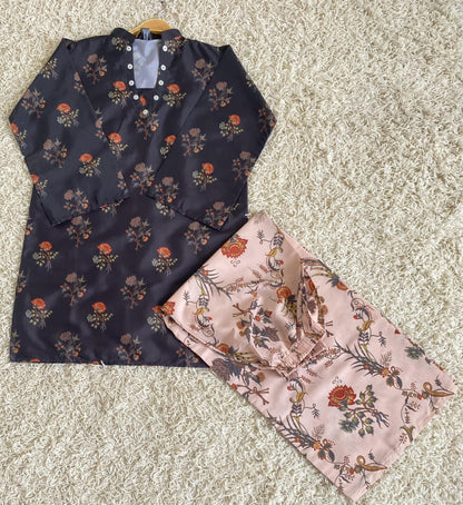 Dark Navy Peach Printed 2 Piece Co-ord Set – image 2 of 4