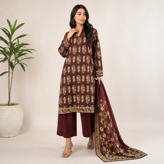 Deep Maroon Floral Digital Print 3 Piece Lawn Suit – Inspired by Khaadi – image 1 of 3