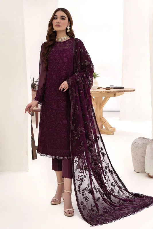Deep Purple Heavy Embroidered Chiffon Suit – Inspired by Zarif - front view