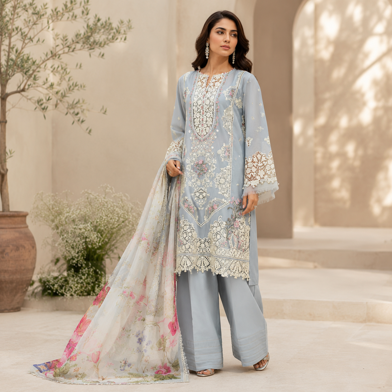 Dusty Blue Chikankari Embroidered 3 Piece Lawn Suit – Inspired by Elaf – image 1 of 3