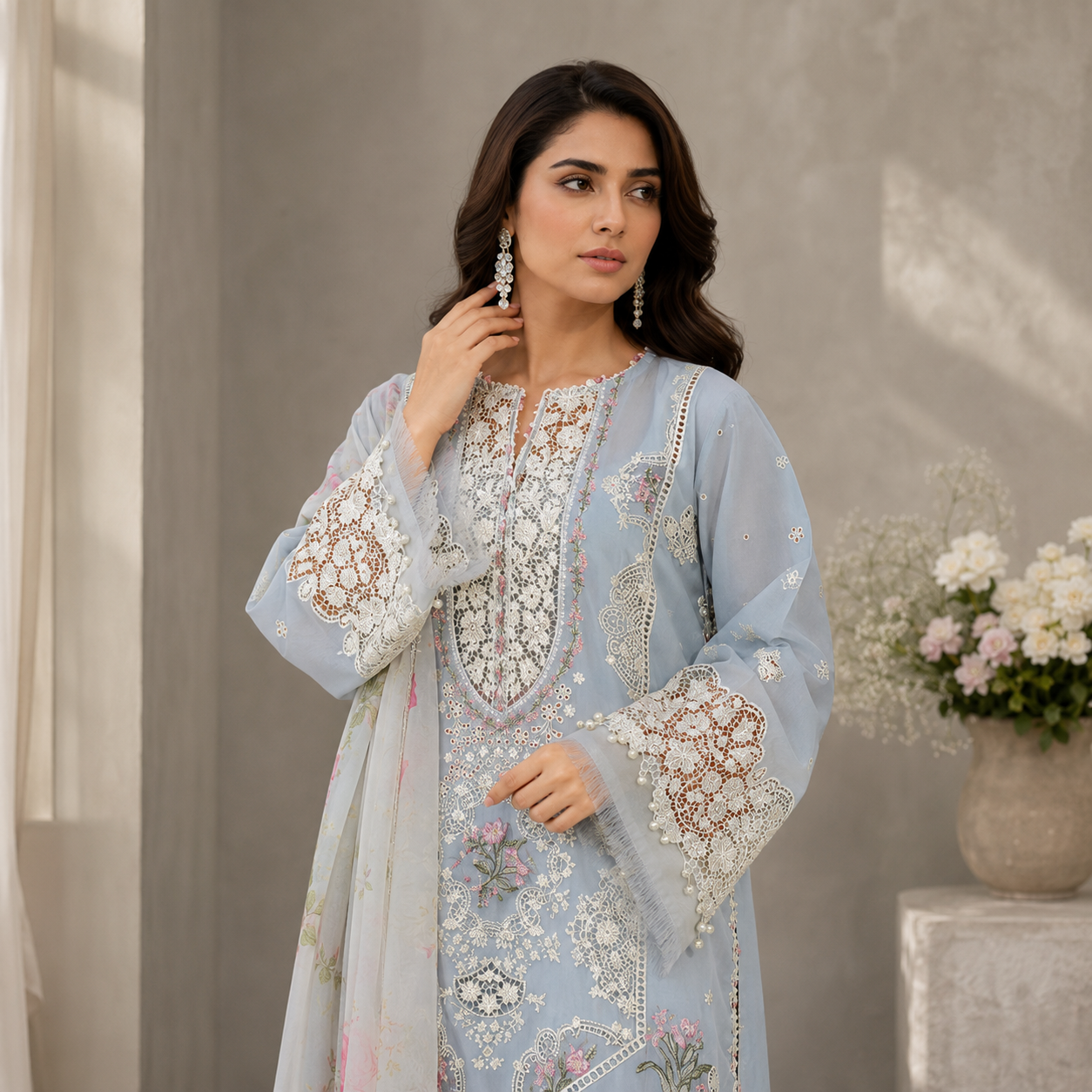 Dusty Blue Chikankari Embroidered 3 Piece Lawn Suit – Inspired by Elaf – image 2 of 3