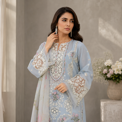 Dusty Blue Chikankari Embroidered 3 Piece Lawn Suit – Inspired by Elaf – image 2 of 3