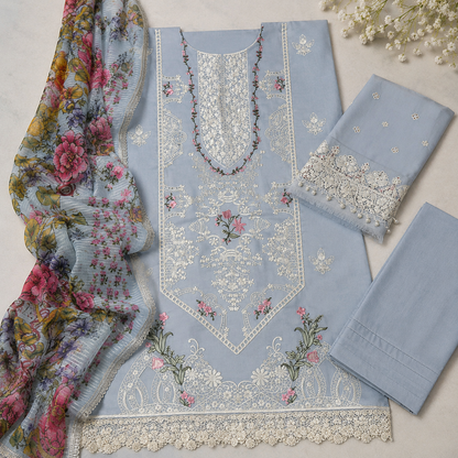 Dusty Blue Chikankari Embroidered 3 Piece Lawn Suit – Inspired by Elaf – image 3 of 3