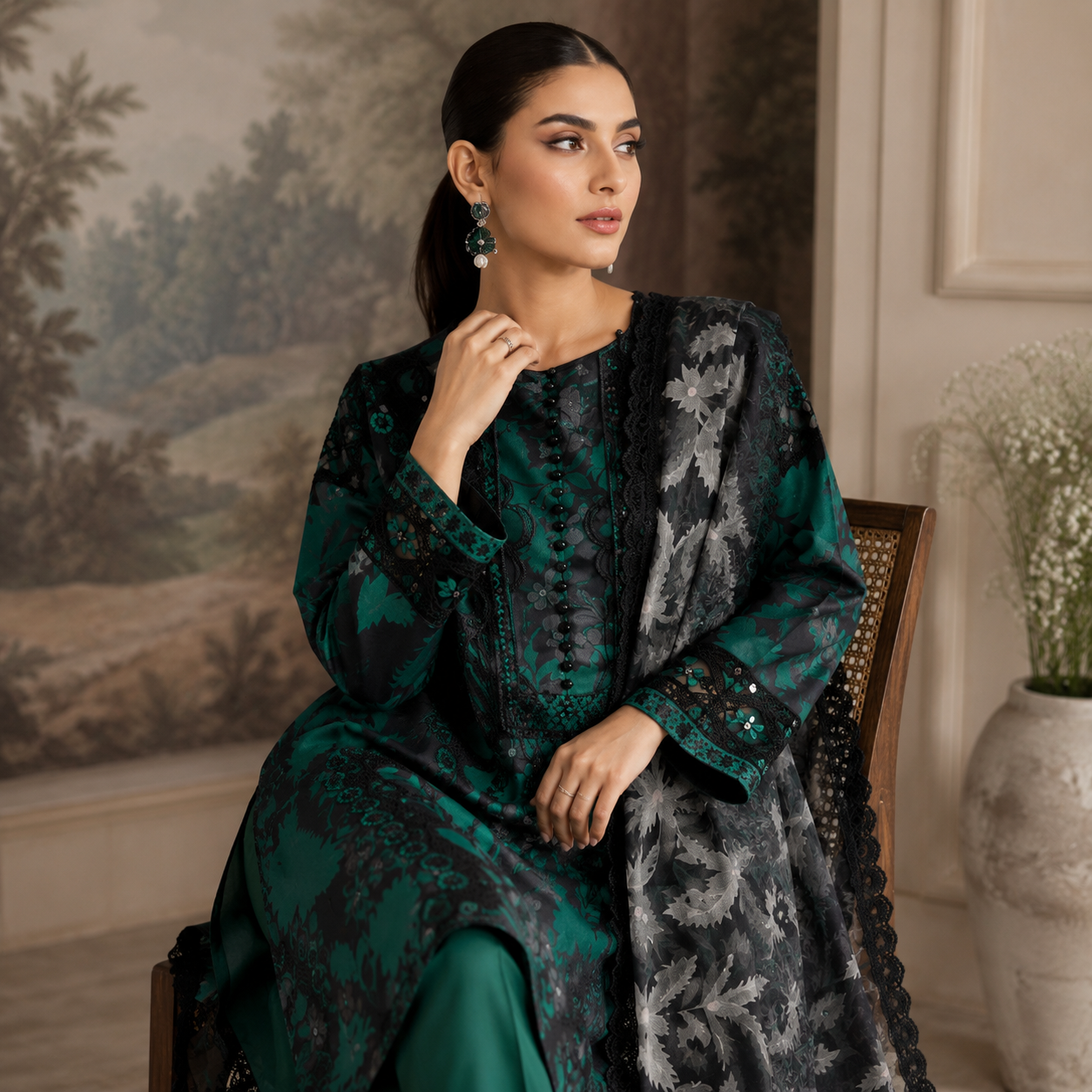 Emerald Green Floral Digital Print 3 Piece Lawn Suit – Inspired by Ramsha – image 1 of 3