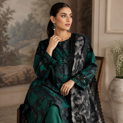 Emerald Green Floral Digital Print 3 Piece Lawn Suit – Inspired by Ramsha – image 1 of 3