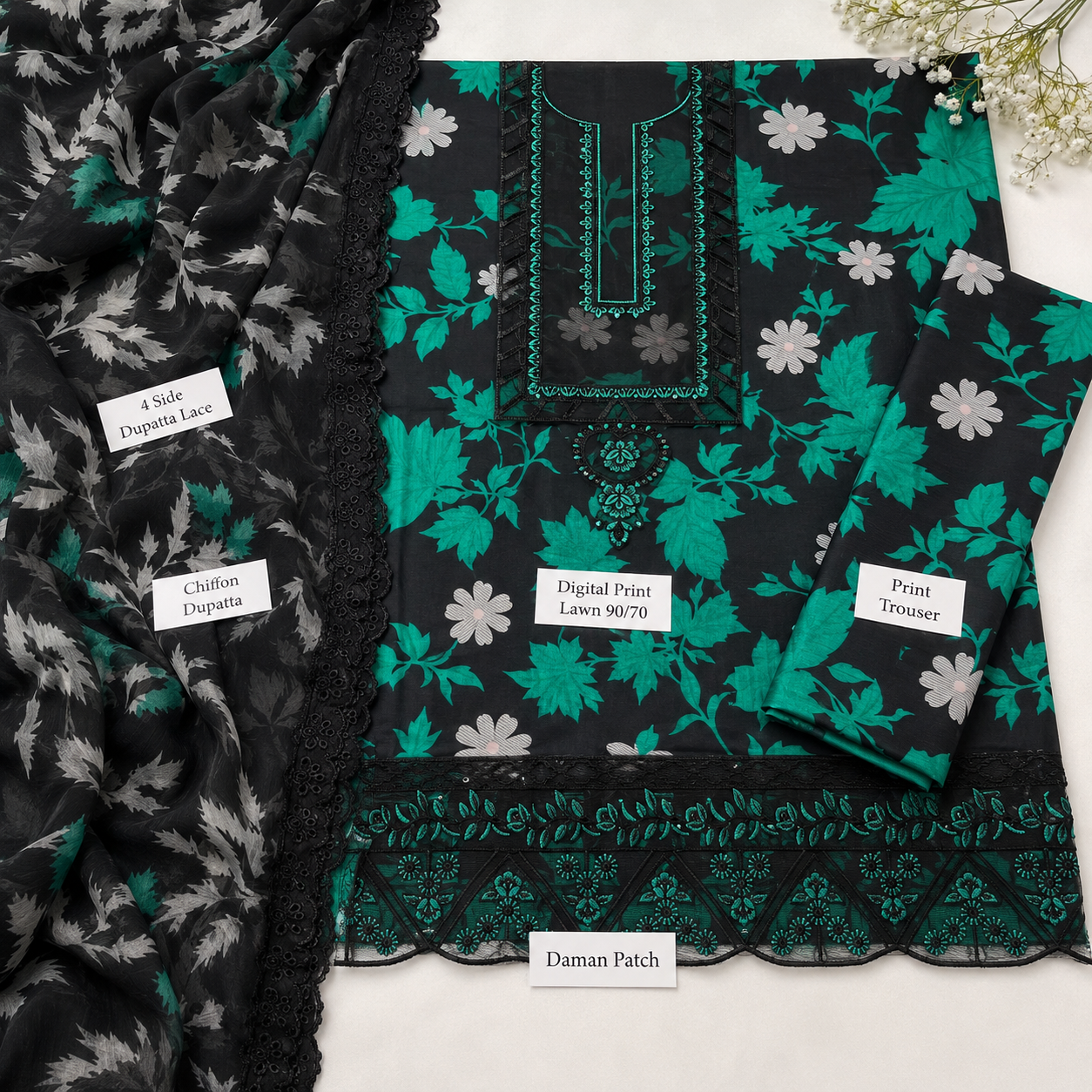 Emerald Green Floral Digital Print 3 Piece Lawn Suit – Inspired by Ramsha – image 3 of 3