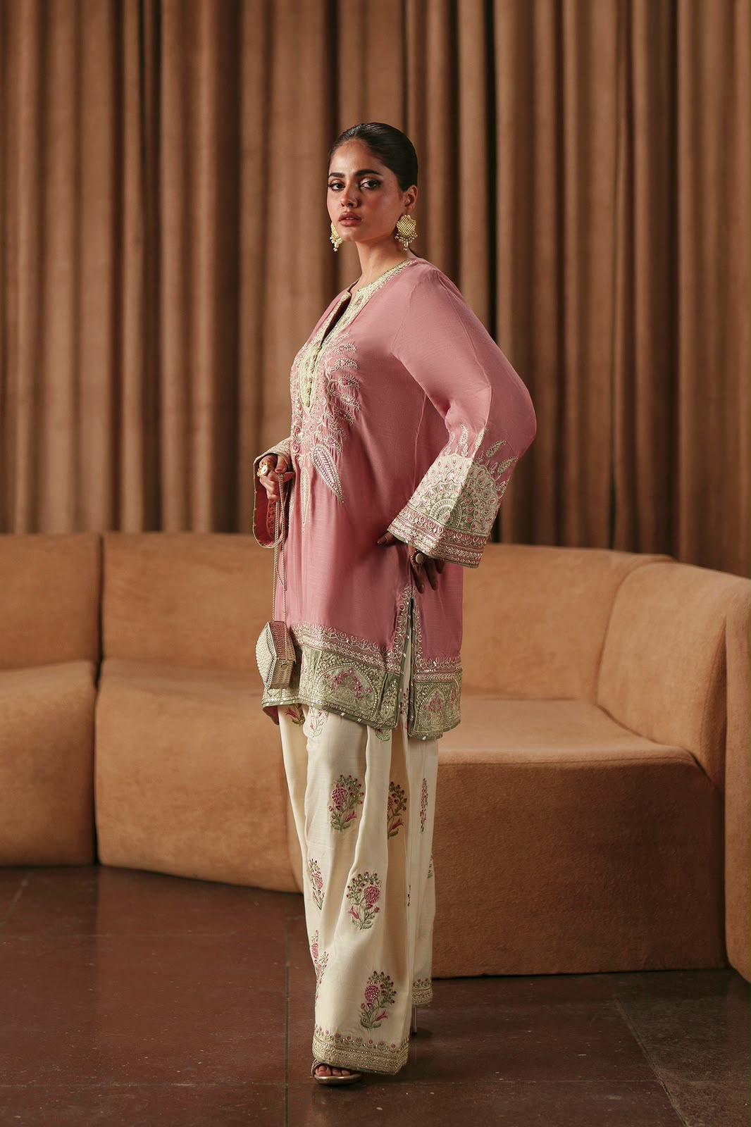 Ethnic Dusty Rose Heavy Embroidered Unstitched Silk 3 Piece Suit – image 2 of 7