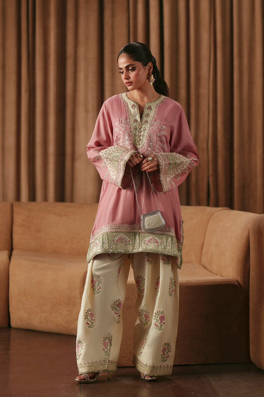 Ethnic Dusty Rose Heavy Embroidered Unstitched Silk 3 Piece Suit – image 1 of 7
