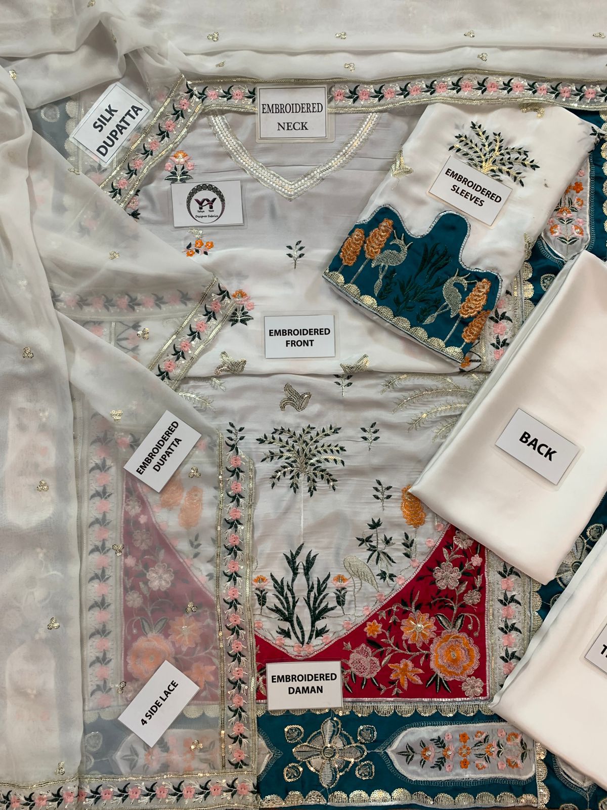 Ethnic Ivory Multicolor Embroidered Unstitched Shamooz Silk 3 Piece Suit – image 3 of 9