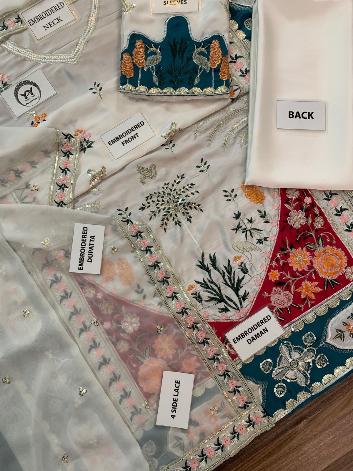 Ethnic Ivory Multicolor Embroidered Unstitched Shamooz Silk 3 Piece Suit – image 5 of 9