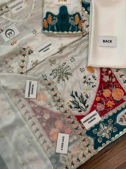 Ethnic Ivory Multicolor Embroidered Unstitched Shamooz Silk 3 Piece Suit – image 5 of 9