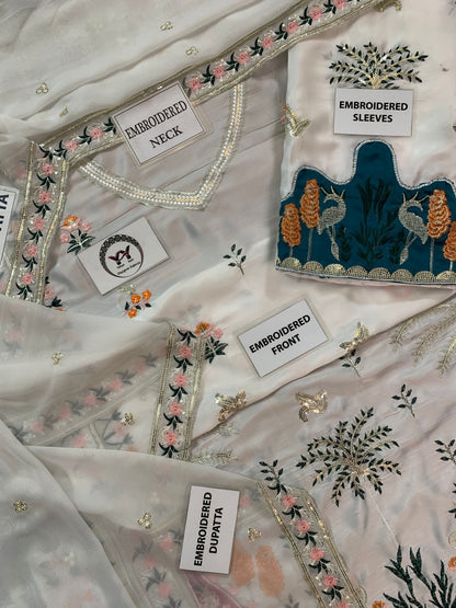 Ethnic Ivory Multicolor Embroidered Unstitched Shamooz Silk 3 Piece Suit – image 4 of 9