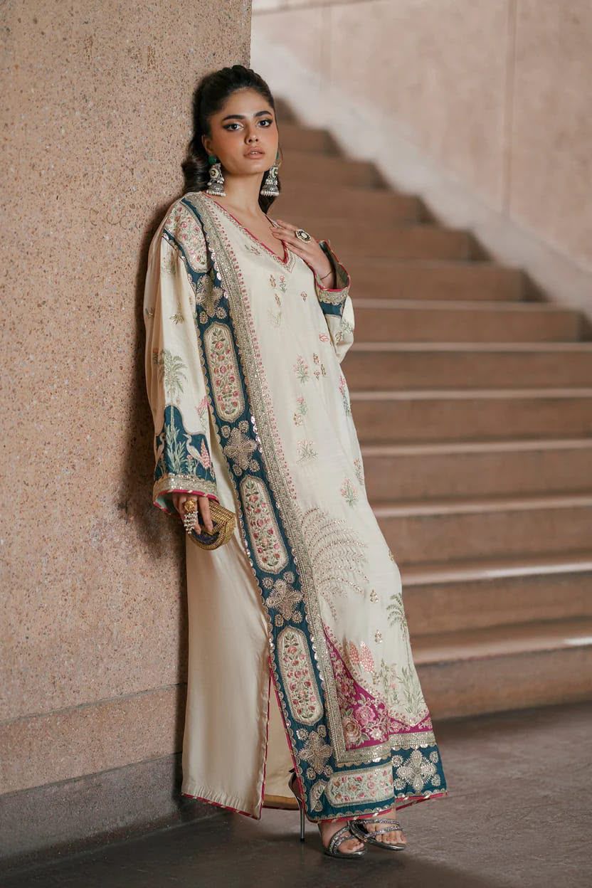 Ethnic Ivory Multicolor Embroidered Unstitched Shamooz Silk 3 Piece Suit – image 2 of 9