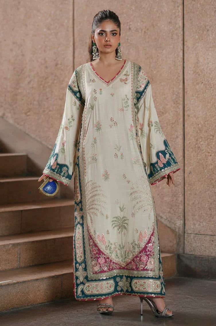Ethnic Ivory Multicolor Embroidered Unstitched Shamooz Silk 3 Piece Suit – image 1 of 9