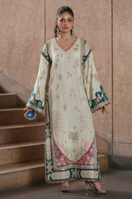 Ethnic Ivory Multicolor Embroidered Unstitched Shamooz Silk 3 Piece Suit – image 1 of 9