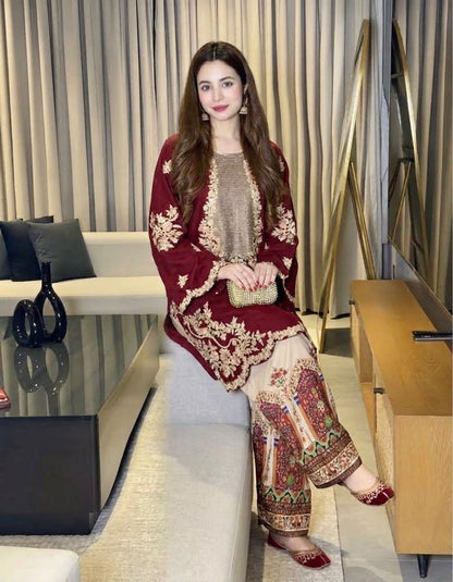 Ethnic Sequin Embroidered Unstitched Silk 2 Piece Suit – image 4 of 8