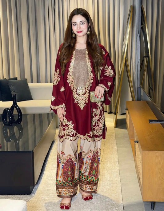 Ethnic Sequin Embroidered Unstitched Silk 2 Piece Suit – image 1 of 8