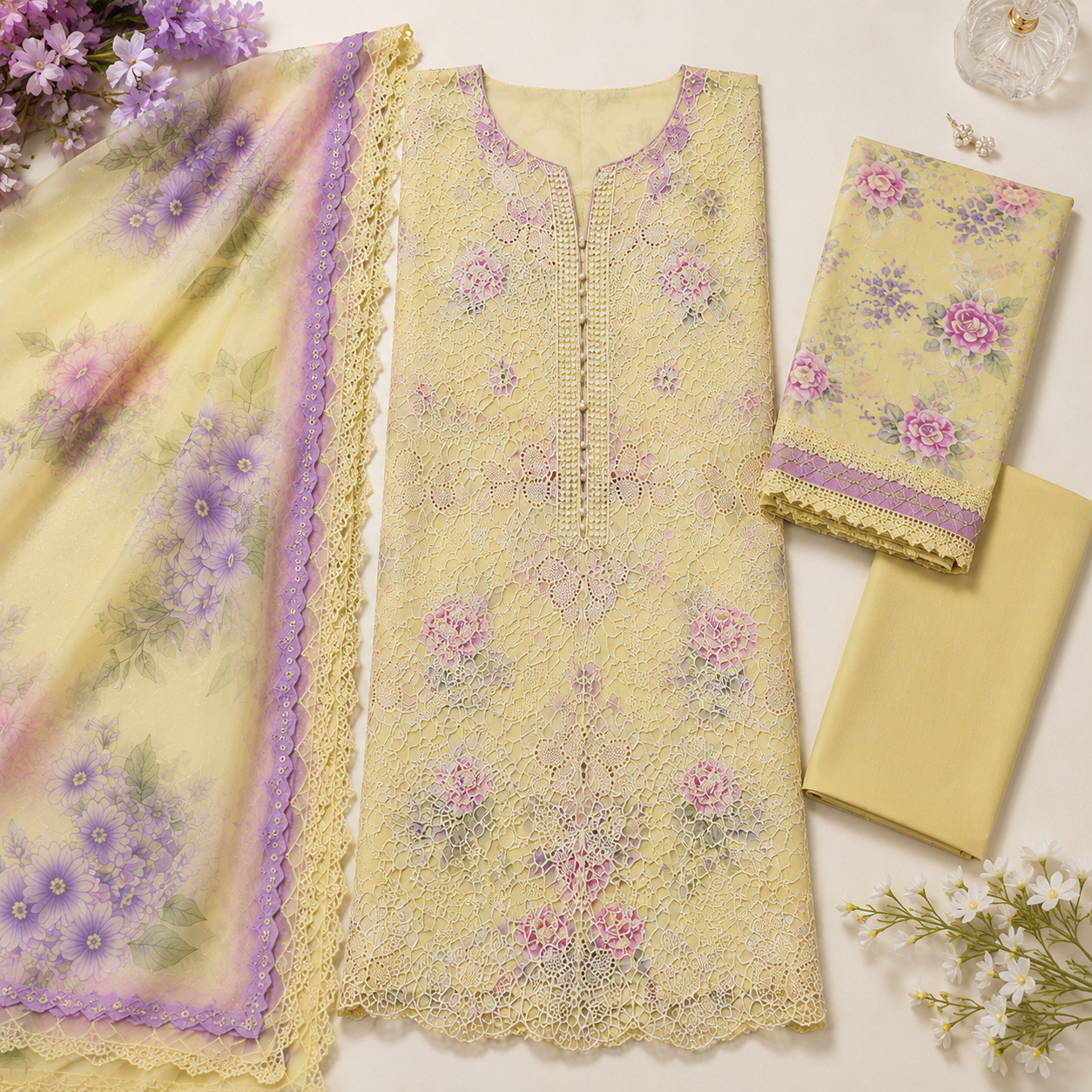 Butterfly Embroidered 3 Piece Unstitched Lawn Chikankari Suit – Pale Yellow – image 3 of 3