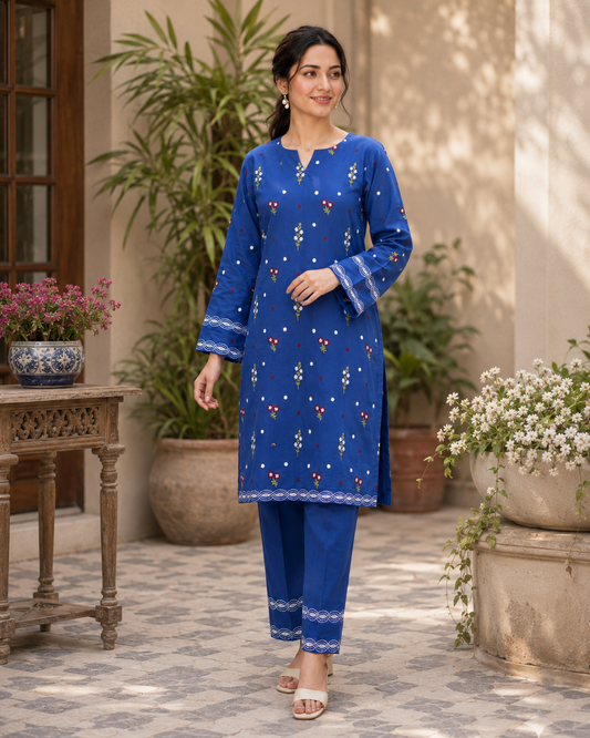 Royal Blue Embroidered 2 Piece Unstitched Pure Lawn Suit – image 1 of 2