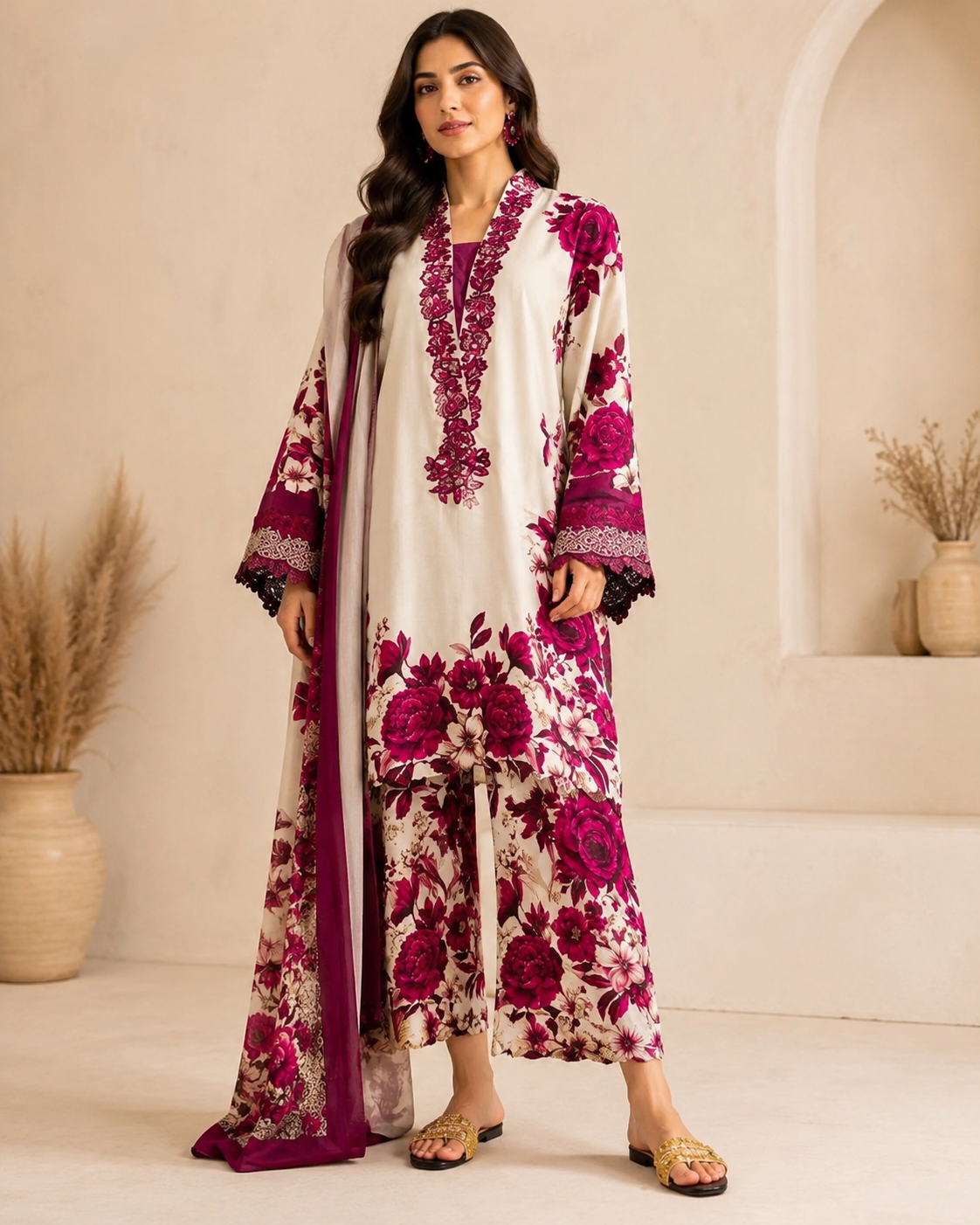 Ivory Magenta Floral Digital Printed Shamooz Silk 3 Piece Suit – image 1 of 2