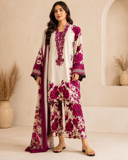 Ivory Magenta Floral Digital Printed Shamooz Silk 3 Piece Suit – image 1 of 2