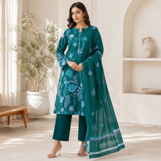 Green Floral Digital Print 3 Piece Lawn Suit – Inspired by Khaadi – image 1 of 2