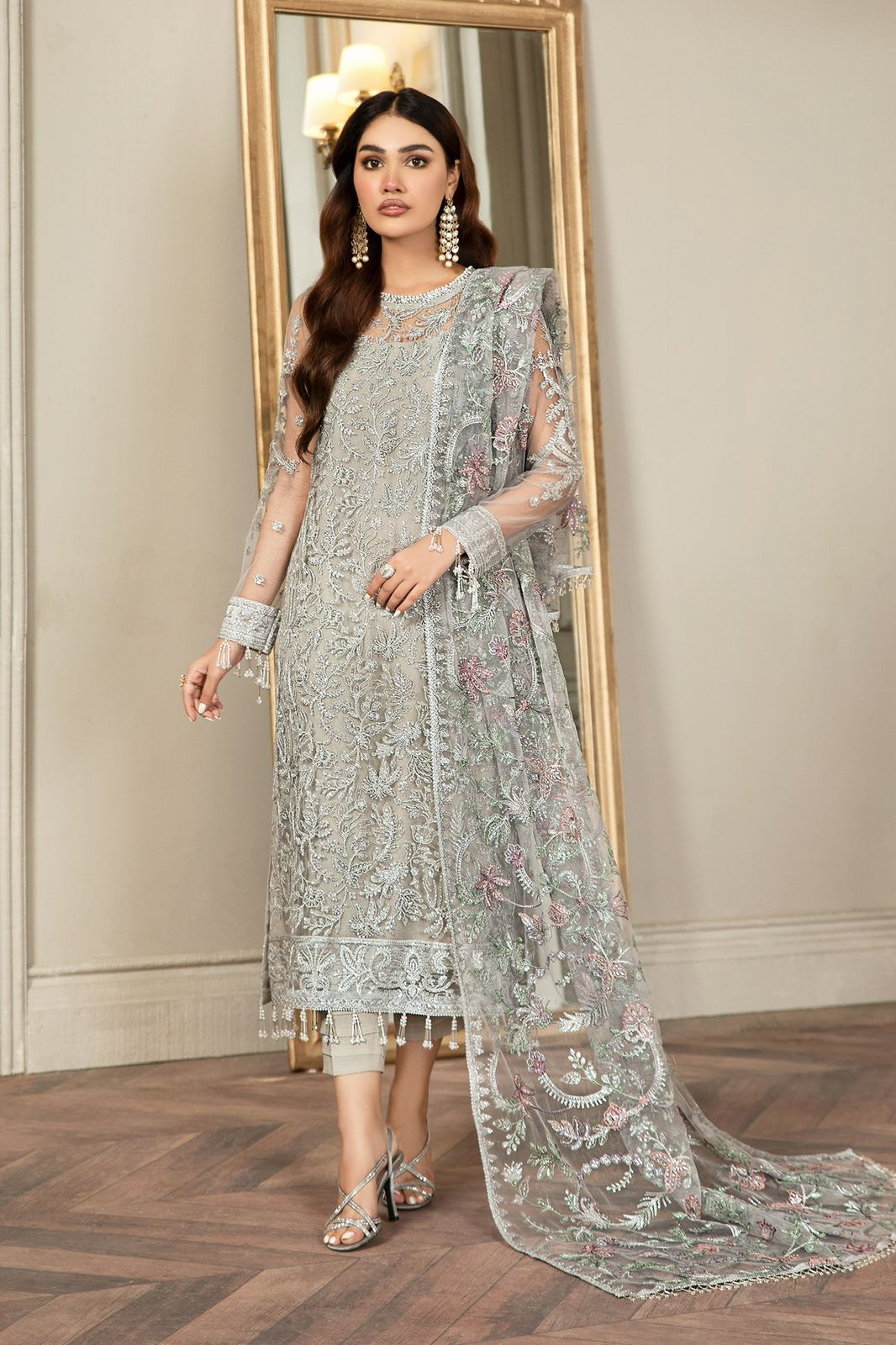 Zarif Grey Heavy Embroidered Net Suit – image 7 of 9