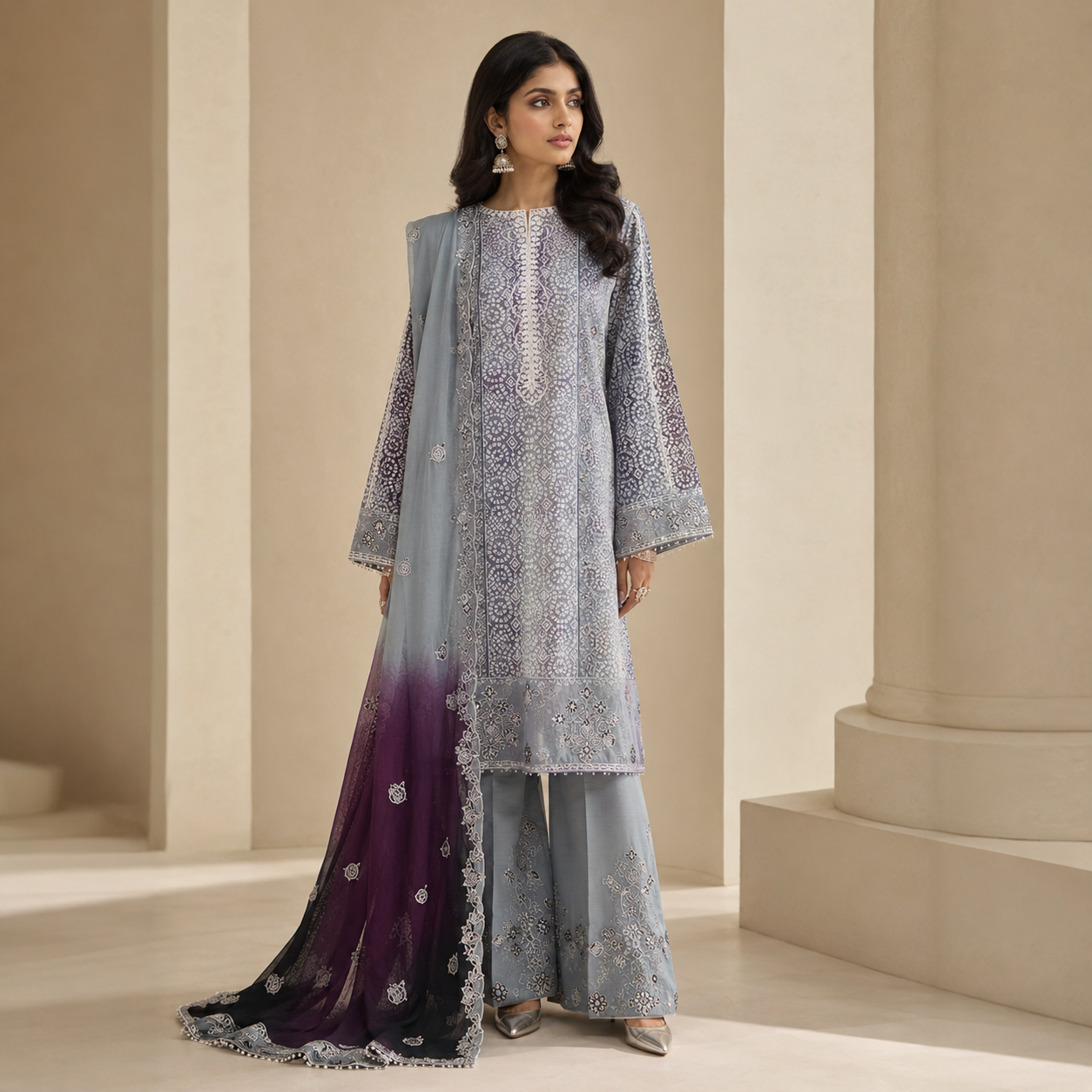 Grey Purple Ombre Digital Print 3 Piece Lawn Suit – Inspired by Maria.B – image 1 of 3