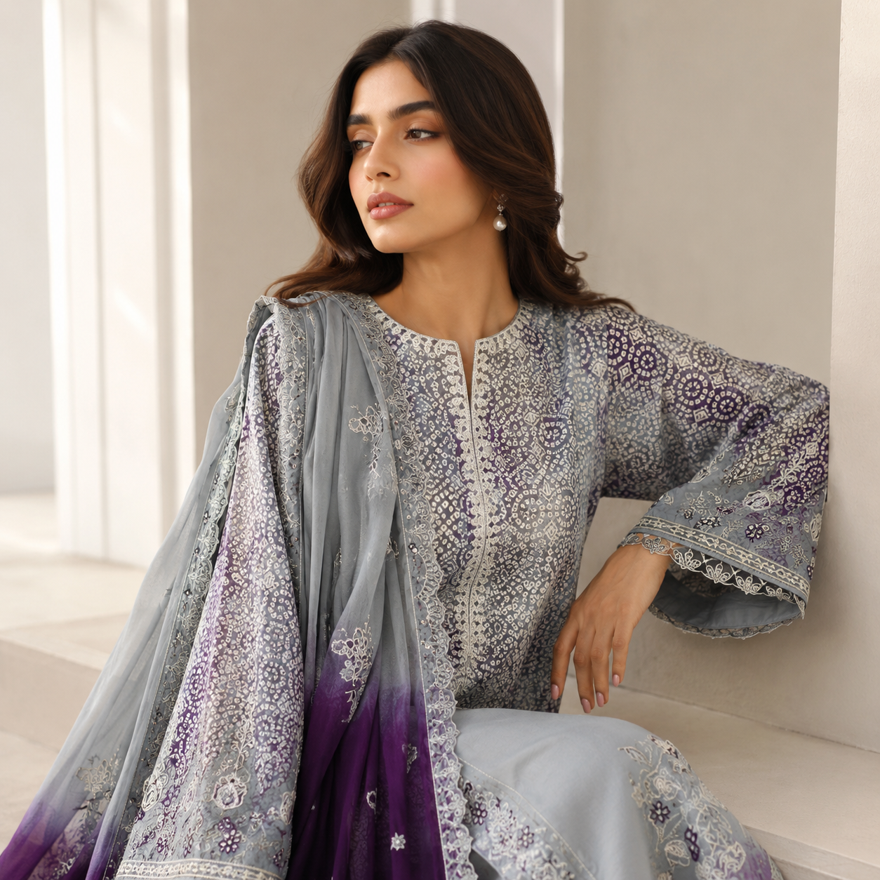 Grey Purple Ombre Digital Print 3 Piece Lawn Suit – Inspired by Maria.B – image 2 of 3