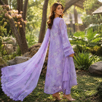 Butterfly Embroidered 3 Piece Unstitched Lawn Chikankari Suit – Lilac – image 2 of 3