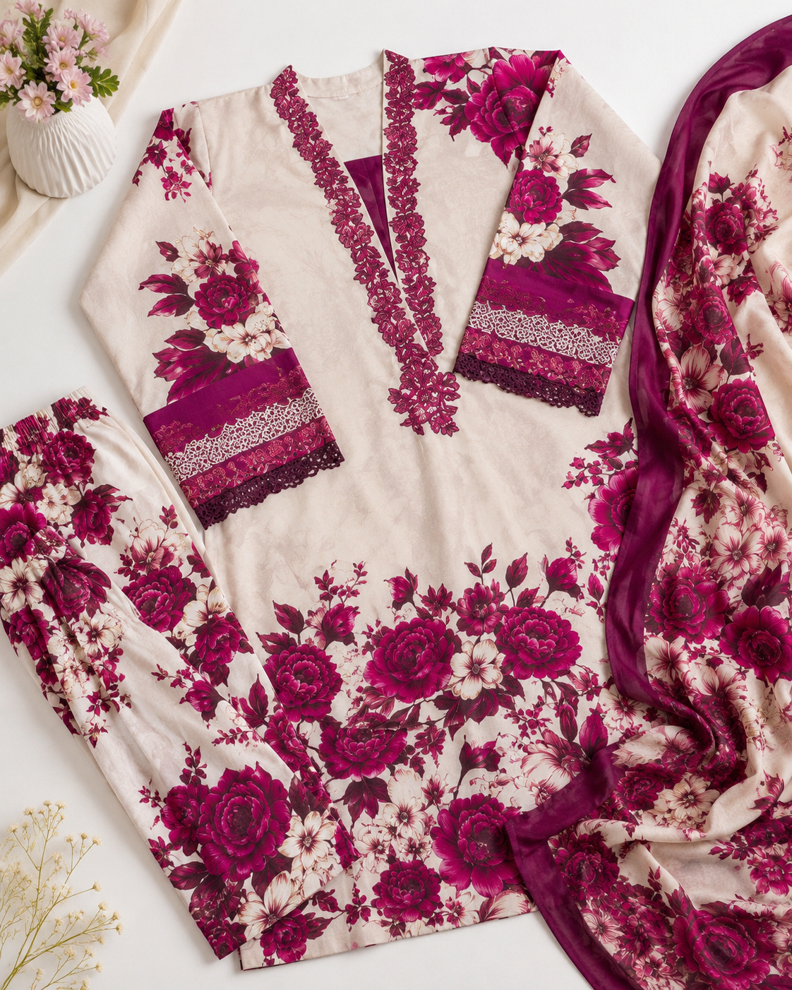 Ivory Magenta Floral Digital Printed Shamooz Silk 3 Piece Suit – image 2 of 2