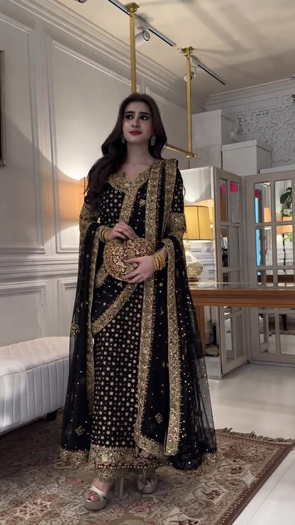 Haris Shakeel Aisha Magenta Addawork Chiffon Formal Wedding Unstitched Suit - Black - front view