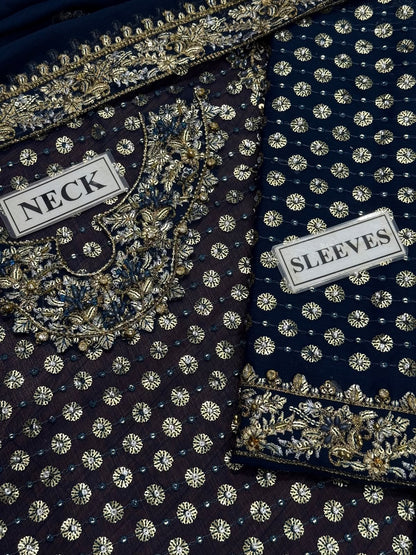 Haris Shakeel Aisha Magenta Addawork Chiffon Formal Wedding Unstitched Suit - Black - fabric closeup