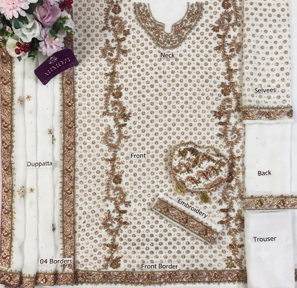 Haris Shakeel Aisha Magenta Addawork Chiffon Formal Wedding Unstitched Suit - Ivory White - back view